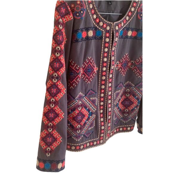 Indigo Moon Womens Sz L Hand Embordered Grey, Beige, Pink, Blue Jacket - Picture 2 of 11